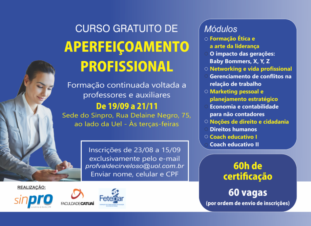 SINPRO ABRE 60 VAGAS PARA CURSO DE APERFEIÇOAMENTO PROFISSIONAL
